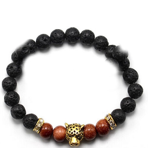 Herren Hämatit Stein Perle Armbänder Gold Silber Panther Anhänger Charms Armbänder - Bild 14 von 21