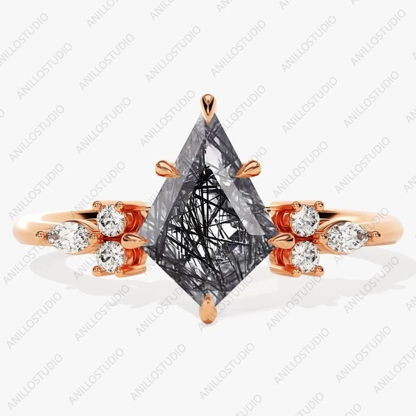 Anillo de compromiso minimalista de cuarzo y diamantes retirados negros en forma de cometa Foto 4 de 4