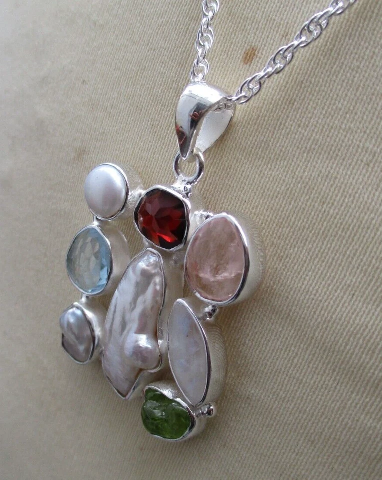 Traum Anhänger 925 Sterlingsilber Perle Biwa Blautopas Granat Peridot 3 x 3 cm - Bild 4 von 4