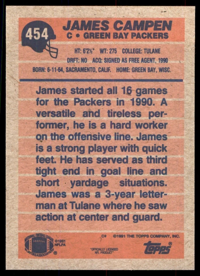 1991 Topps James Campen Rookie Green Bay Packers #454 - Image 2 of 2