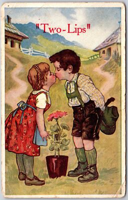 Two-Lips Tender Childhood Moments, 1909 Kissing Kids, Romance, Vintage Postcard