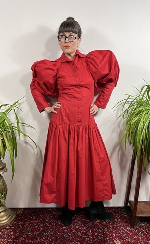 Vestido Vintage Años 80 Caído y Marrón Rojo Algodón Estilo Victoriano Manga Mouton 10 12 - Imagen 4 de 16