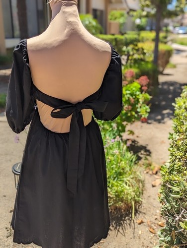 OPT OnePrettyTime Dress Sz S Black Empire Waist w Pockets OpenBack Puff Sleeves - Bild 6 von 6