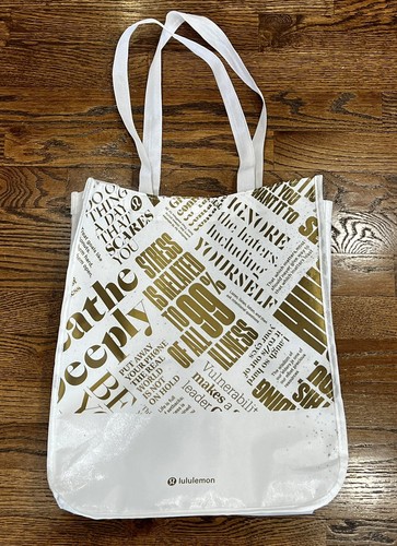 LULULEMON Reusable Shopping Bag Tote - Small - Breathe Deep - White and Gold