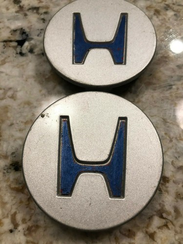 (2) 44732-SW5A-J000 silver / blue logo wheel button center caps Honda Accord - Picture 2 of 3