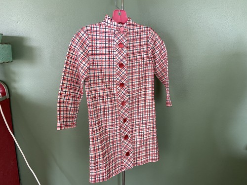 Vintage Girls XL Teen XS Plaid Pea Coat Retro Red White Blue 15” Chest 30” Funky - Picture 6 of 9