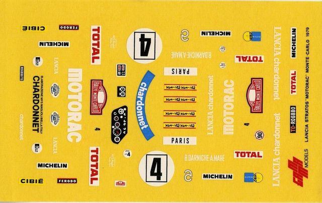 LANCIA STRATOS MOTORAC N°4 WINNER MONTECARLO DARNICHE/ MAHE GAMMA DECALS 1/43 LANCIA STRATOS MOTORAC N°4 WINNER MONTECARLO DARNICHE/ MAHE GAMMA DECALS 1/43