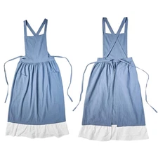 Vintage Cotton Linen Aprons Cross Back Pinafore Aprons with Pockets, Light Blue