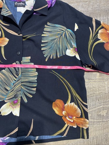 Caribou New York Womans Shirt Black Tropical Hawaiian Floral Short Sleeve XL - Picture 5 of 6
