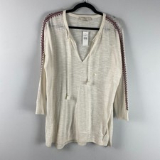 Ann Taylor LOFT Cream Embroidered Tassel Neck Tie Light Sweater Large Tunic
