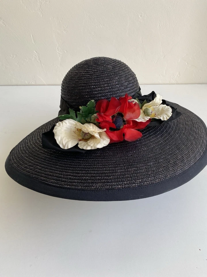 DE COLECCIÓN The J. Peterman Co. L Sombrero de Paja con Flores y Cinta Negro Jardín Fiesta Foto 3 de 4