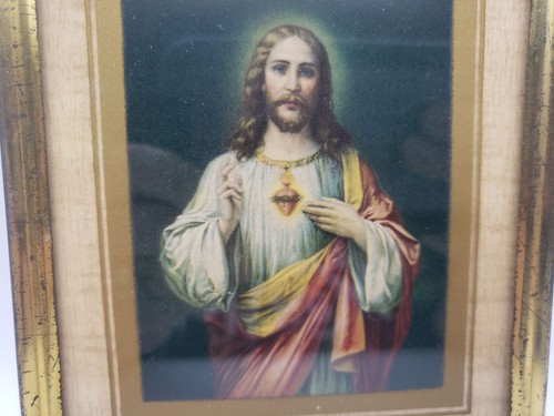 Heiliges Herz Jesu gerahmter Druck religiös katholisch 4,5 x 5,5" Vintage - Bild 2 von 3