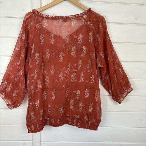 M&S Top Womens Size UK 22 Rust Orange Paisley Boho Blouse Balloon Sleeve Casual - Picture 4 of 10