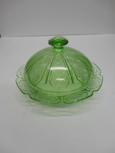 JEANETTE CHERRY BLOSSOM GREEN DEPRESSION GLASS BUTTER DISH