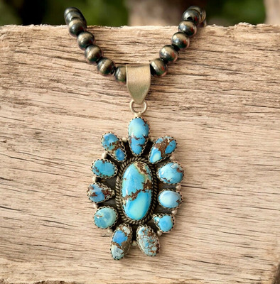 Golden Hills Turquoise Cluster Pendant Sterling Silver Statement 2 +