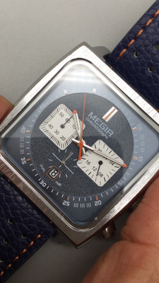 Megir Mens Watch 43mm Blue Dial Square Chronograph M:2182 Leather