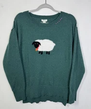 Sundance ‘I Love Ewe’ Wool Sweater Womens Medium Green Sheep Hi Low Hem Pullover