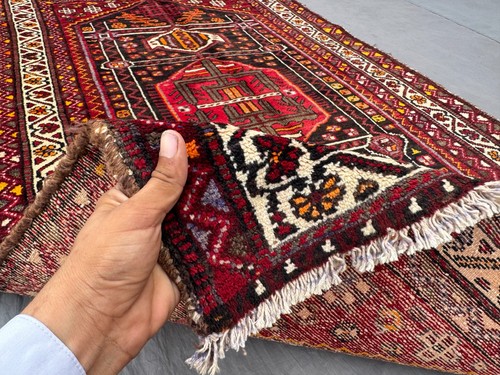 3'4x5'1 Vintage Turkish Hand-Knotted Tribal Rug, Red Black Rare Unique Boho Rug - Picture 11 of 12