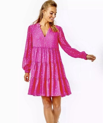 Lilly Pulitzer Swing Dress Pink Metallic Dots Party Sparkle Long-Sleeve Sz 8 - Picture 3 of 7