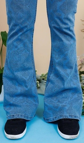 Run And Fly Jeans A Campana In Denim Blu Con Stampa Paisley Anni '70 Hippy Vtg - Picture 8 of 23