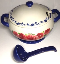 Pioneer Woman Frontier Rose 3.17 Quart Soup Tureen Cobalt Ceramic With Ladle