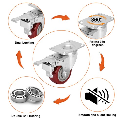Ruote per Ruote Resistenti 3 Pollici Carico 1500lbs,Cuscinetto Bloccabile Ruote per Ruote con Br... - Foto 3 di 7