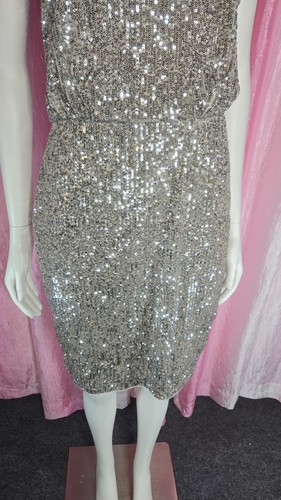 ADRIANNA PAPEL Silver Sequin Strappy One Shoulder Lined Cocktail Dress Size 10 - Picture 4 of 15