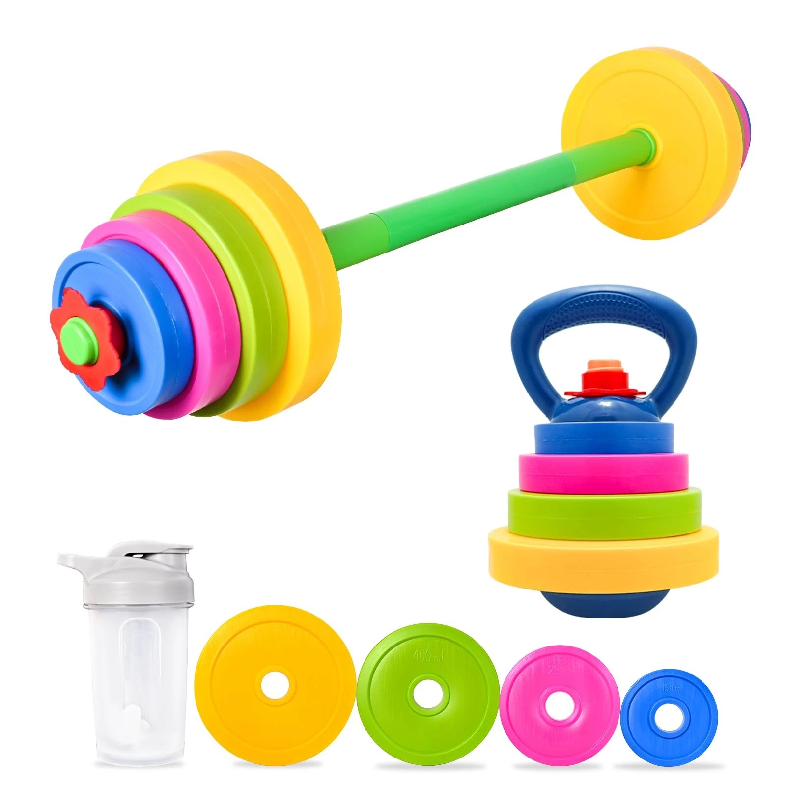 Kasebro 3-in-1 Kids Fitness Set with Adjustable Barbell, Kettlebell Reusable...