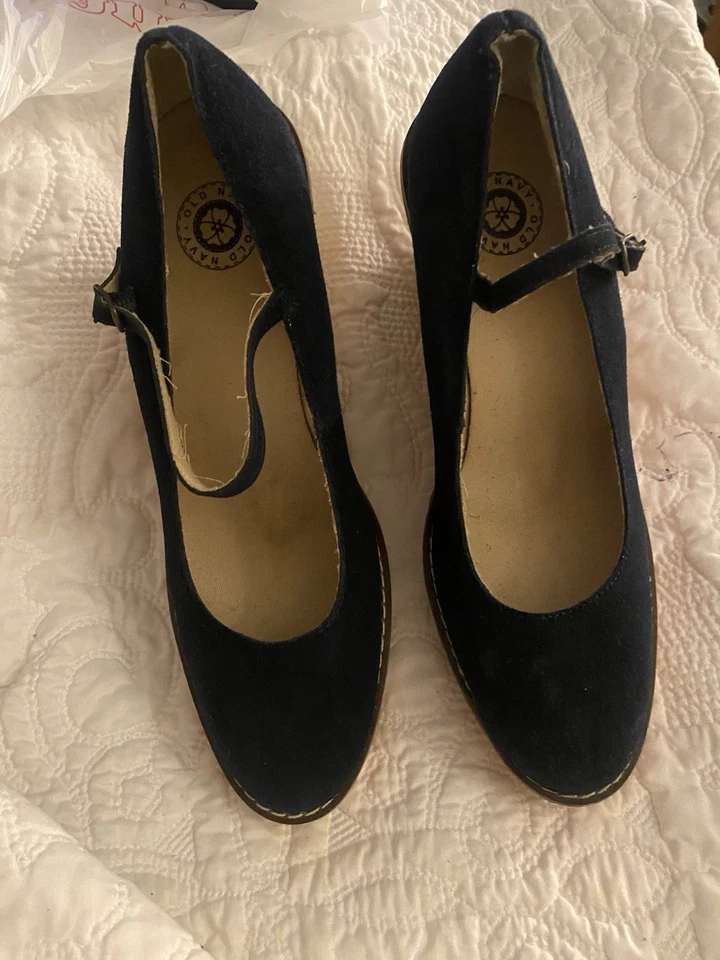 Salto anabela estilo plataforma fivela camurça azul marinho antigo Mary Jane 11 - Imagem 2 de 4