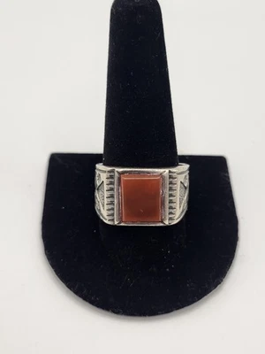 Vintage 925 Sterling Silver Square Carnelian Men's Signet Tribal Ring Size 11.5 - Image 1 of 4