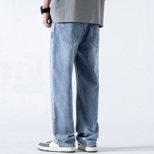 Men Loose Blue Denim Pants Elastic Waist Jeans Work Trousers Straight Leg Casual - Picture 7 of 10