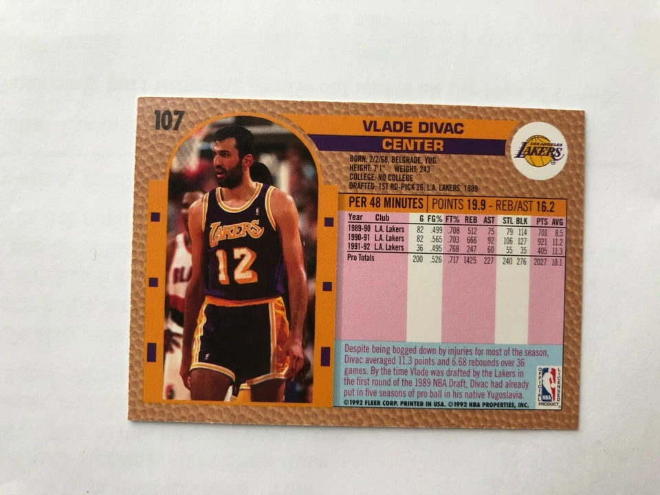 1992 VLADE DIVAC  Fleer  Basketball Card  # 107 Made in USA - Image 3 of 4