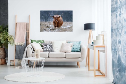 Brown Highland Cow in Snow Fields Framed Canvas Print Wall Art Home Decor - Picture 3 of 6