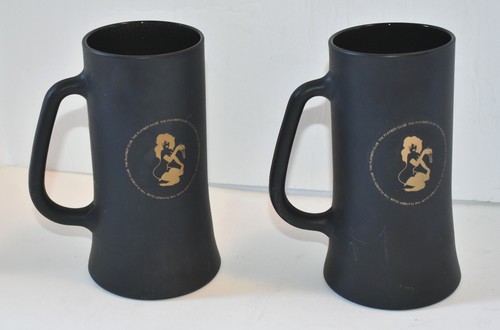 2 Vintage 1970s Playboy Club Beer Mugs~Matte Black Glass Clear Bottom~6 1/2"Tall - Picture 2 of 9