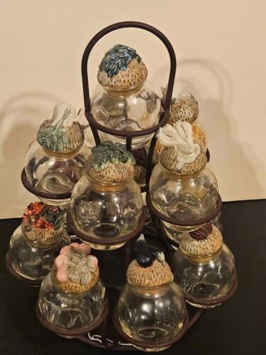 12 Collectible Vintage Shonfeld's Glass Spice Jars with Resin Cork Lids & Stand - Picture 8 of 9