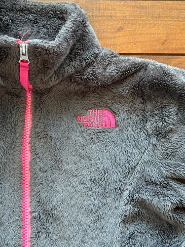 The North Face Dark Gray Pink Sherpa Fleece Girls Zip Up Jacket Coat 10 12 M - Picture 2 of 2