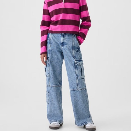 Pantalones de mezclilla Gap para niños niñas azules cargo pierna ancha holgados sueltos patinador zancada baja talla 8 - Imagen 3 de 12