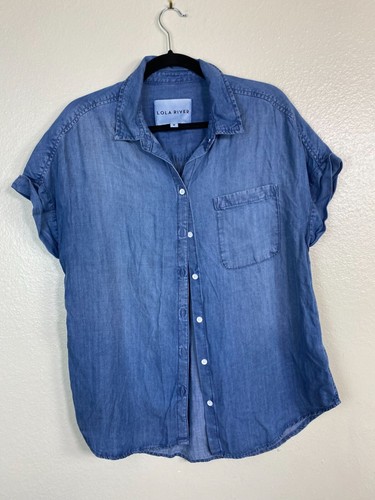 Lola River blau Chambray Denim Knopfleiste Oberteil Damen Gr. Medium Flügelärmel Freizeit