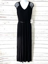 Calvin Klein Dress Women’s 8 Black Maxi T-Shirt Lace Sleeves Stretch Belted NWT
