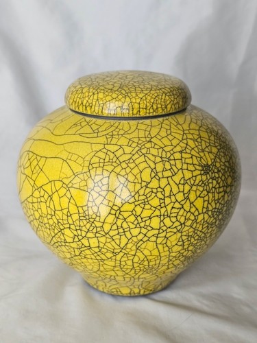 Gorgeous Peter Sparrey large Imperial yellow crackle glazed jar & cover - Picture 5 of 18