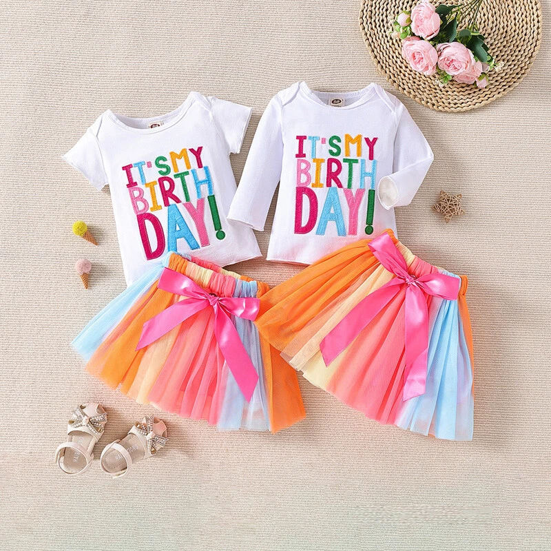 Kids Girls Outfit Set It's My Birthday T-Shirt Rainbow Tutu Skirt Party Dress Up - Image 2 of 4