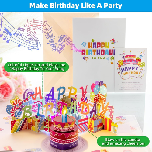 3D Popup Birthday Cards, 1-100 Age Luxury Blowable LED Light Candle Cake Music H - Picture 3 of 12