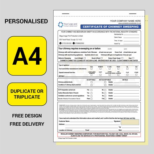 CHIMNEY SWEEPING CERTIFICATE/ CHIMNEY SWEEP, PERSONALISED PRINTED NCR, A4 SIZE - Picture 1 of 2