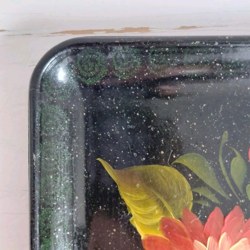 Russian Bakelite Trinket Tray Hand Painted Black Red Floral Small USSR Period - Picture 2 of 18