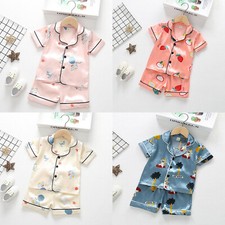 Kids Boys Girls Pajamas Set Short Sleeve Tops Shorts Sleepwear Ice Silk Satin