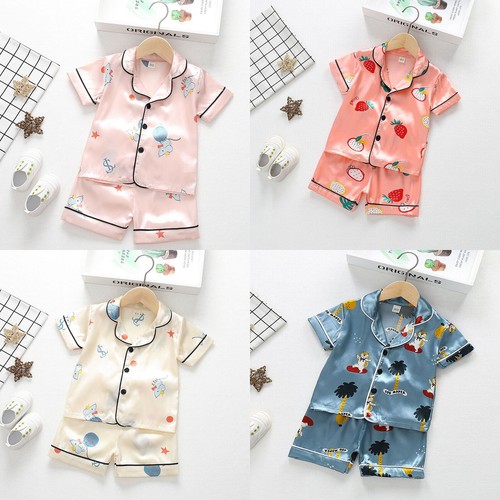 Kids Boys Girls Pajamas Set Short Sleeve Tops+Shorts Sleepwear Ice Silk Satin  - Afbeelding 1 van 24