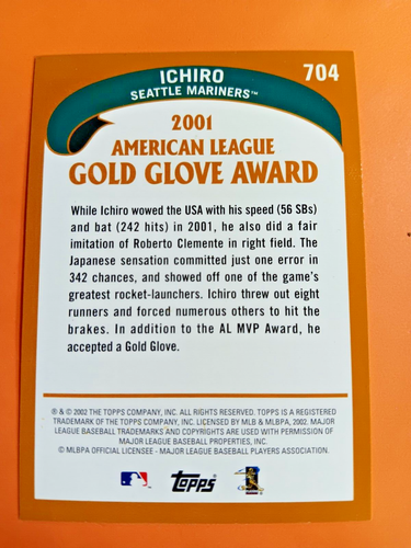 2002 Topps#704 Ichiro Suzuki Gold Glove 2nd Year - Picture 2 of 2