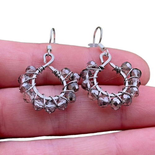 Smoky Quartz Silver BDay Gift Wire Wrap Teardrop Earrings Sterling Hooks Jewelry - Picture 4 of 10