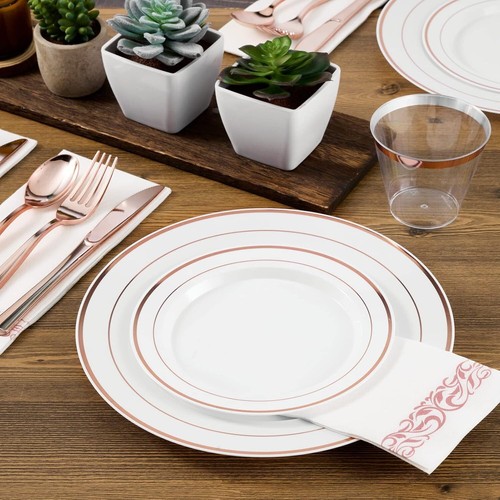 FOCUSLINE 175pcs Rose Gold Dinnerware Set for 25 Guests, White Plastic Plates... - Picture 7 of 7