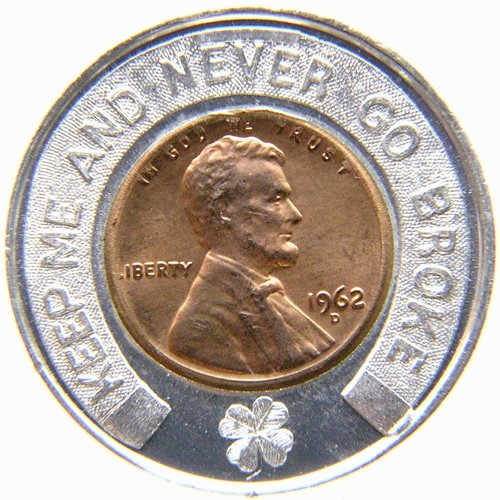 ENCASED 1962-D Lincoln Cent, Washington DC Numismatic Society Lucky Penny. UNC.